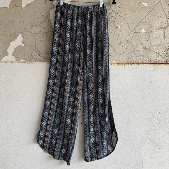 Joe B Boho Wide Leg Pants Small Crochet Trim Black Teal Festival Vibes - Picture 1 of 6